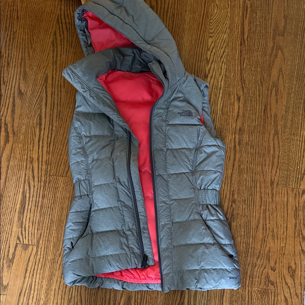 The North Face Gray Puffer Vest with Pink Interior
